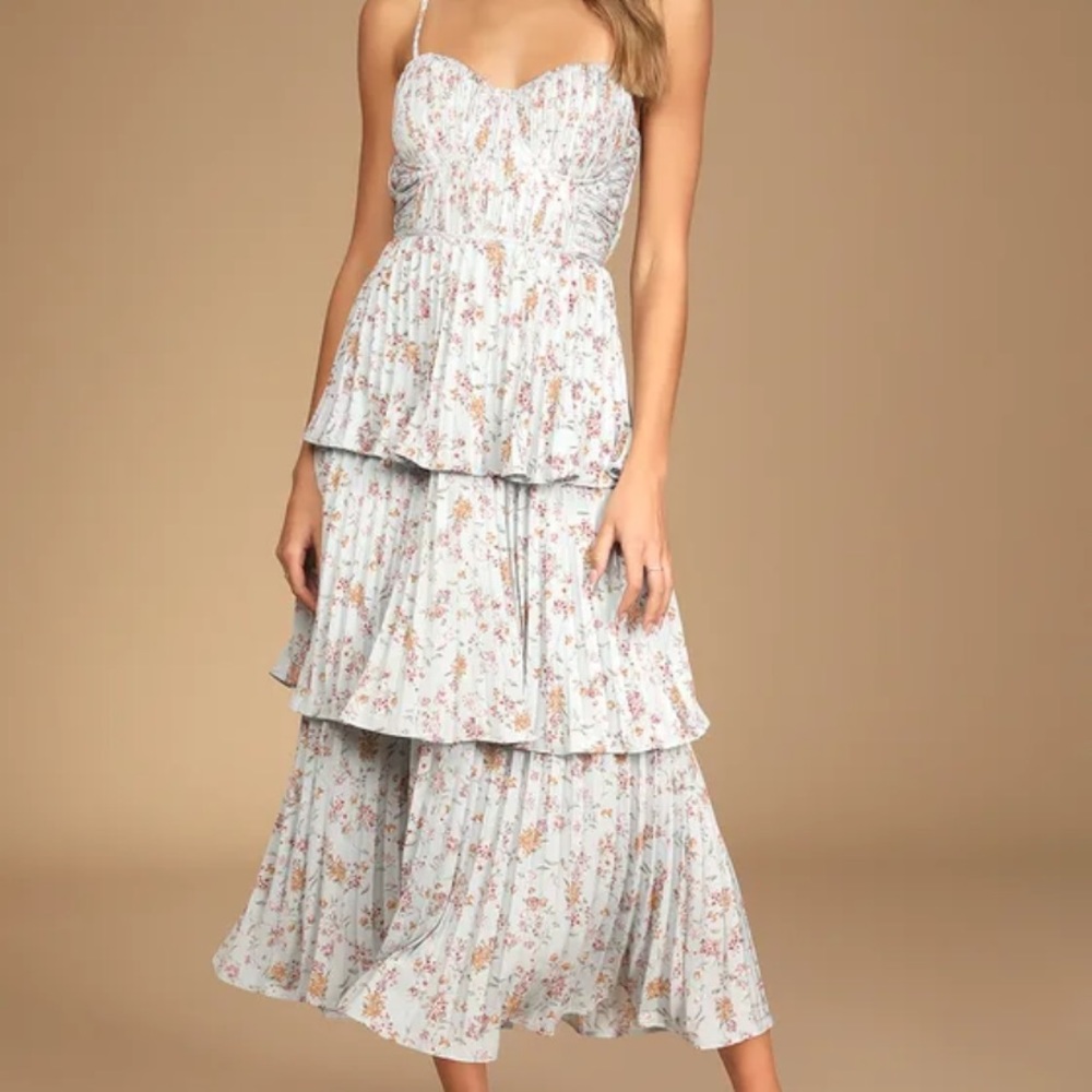 Lulus Cascading Crush Pale Blue Floral Print Tiered Bustier Midi Dress